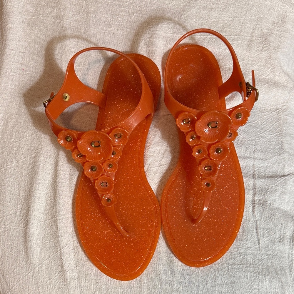 Coach Tea Rose Orange Floral Jelly Flat Sandals 7B